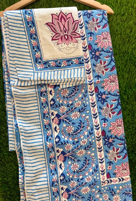 Handloom Cotton Blue Floral Heritage Bedsheet Set
