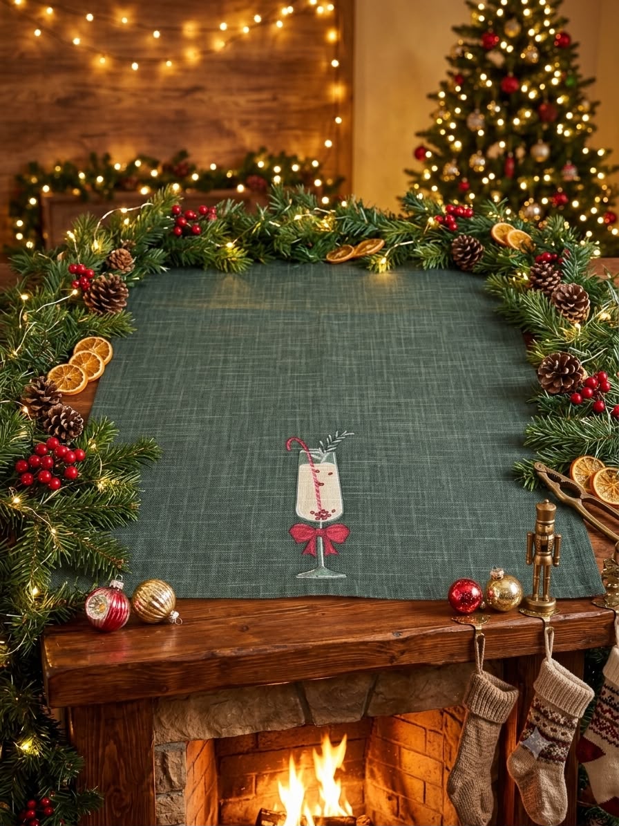 Towel-Green with Glass with Red Ribbon